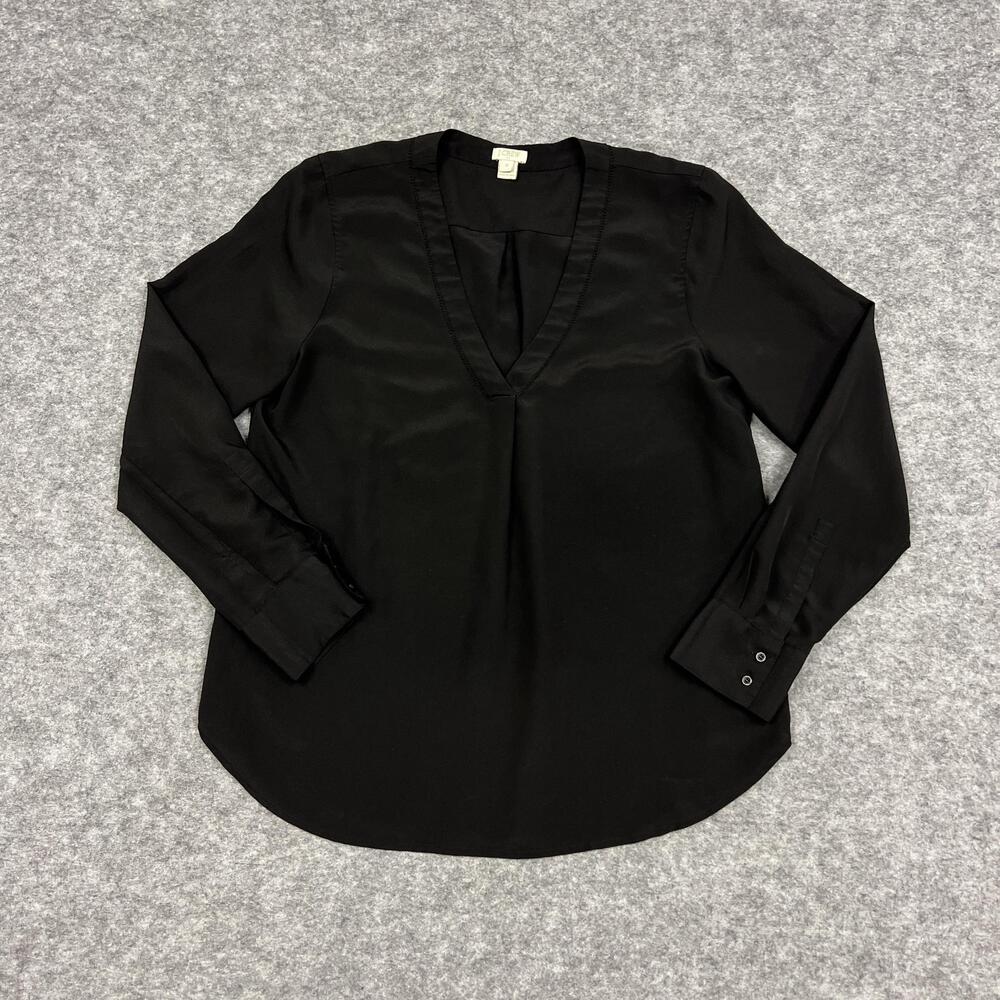 J CREW Blouse Womens M Black V Neck Long Sleeve Pullover Lightweight 100% Poly